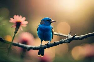 une bleu oiseau est perché sur une branche avec rose fleurs. généré par ai photo