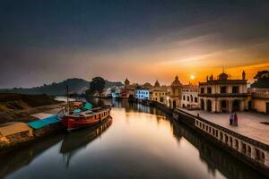 une bateau est assis sur le l'eau à le coucher du soleil dans Inde. généré par ai photo