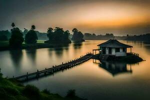 une petit maison est assis sur le bord de une Lac à le coucher du soleil. généré par ai photo