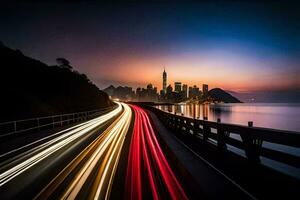 une longue exposition photographier de une ville horizon à nuit. généré par ai photo