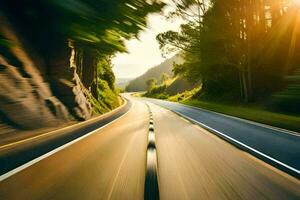 une voiture conduite vers le bas une route avec le Soleil brillant. généré par ai photo