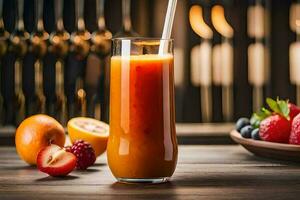 une verre de Orange jus avec une paille. généré par ai photo