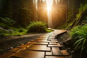 en bois chemin dans le forêt à le coucher du soleil. généré par ai photo