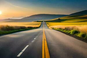 une longue vide route avec le Soleil réglage dans le distance. généré par ai photo