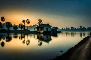 une maison sur le rive de une Lac à lever du soleil. généré par ai photo