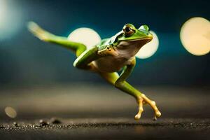 une grenouille sauter dans le air avec ses jambes diffuser. généré par ai photo