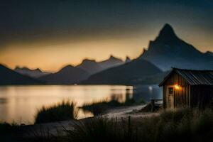 une petit cabine est assis sur le rive de une Lac à le coucher du soleil. généré par ai photo