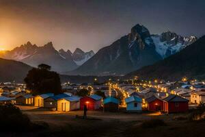 le ville de torres del paine à le coucher du soleil. généré par ai photo