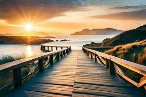 une en bois passerelle pistes à le océan à le coucher du soleil. généré par ai photo