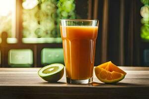 une verre de Orange jus avec kiwi tranches sur une en bois tableau. généré par ai photo