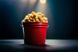 une seau rempli avec pop corn sur une foncé tableau. généré par ai photo