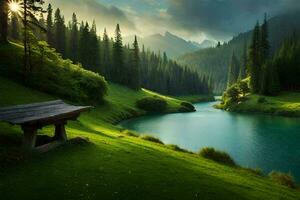 le Lac est entouré par vert des arbres et herbe. généré par ai photo