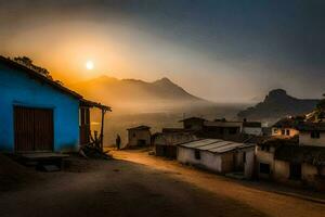 le Soleil monte plus de une village dans le montagnes. généré par ai photo