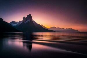 le montagnes sont réfléchi dans le l'eau à le coucher du soleil. généré par ai photo