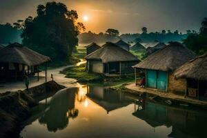 une rivière court par une village à lever du soleil. généré par ai photo
