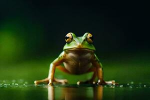 une grenouille séance sur le l'eau surface avec une vert Contexte. généré par ai photo