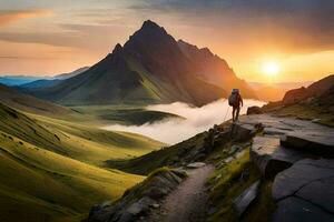 une homme des promenades en haut une Montagne chemin à le coucher du soleil. généré par ai photo