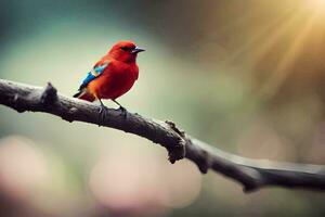 une rouge oiseau séance sur une branche. généré par ai photo