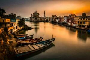 bateaux sont amarré dans le l'eau à le coucher du soleil. généré par ai photo