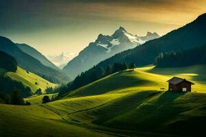 le maison dans le montagnes, montagnes, paysage, nature, HD fond d'écran. généré par ai photo