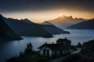 une maison est assis sur le bord de une Lac avec montagnes dans le Contexte. généré par ai photo