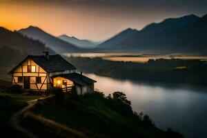 une maison est assis sur le bord de une Montagne surplombant une lac. généré par ai photo