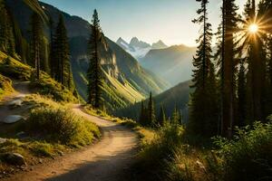 une saleté route pistes à une Montagne intervalle avec des arbres et Soleil. généré par ai photo