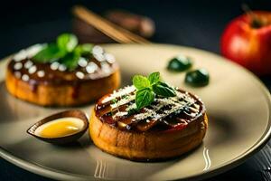 deux petit Gâteaux sur une assiette avec mon chéri et menthe. généré par ai photo