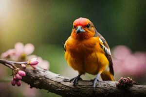 une oiseau avec Orange et rouge plumes séance sur une branche. généré par ai photo