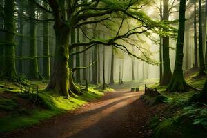 une chemin par une forêt avec des arbres et herbe. généré par ai photo