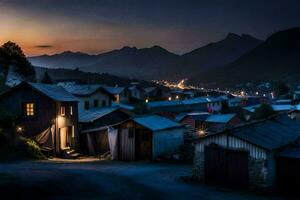 une village à crépuscule dans le montagnes. généré par ai photo