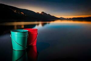 deux seaux asseoir sur le bord de une Lac à le coucher du soleil. généré par ai photo