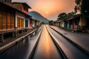 une longue train Piste dans le milieu de une village. généré par ai photo