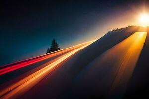 une voiture conduite vers le bas une neigeux route à le coucher du soleil. généré par ai photo