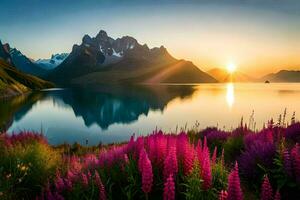 le Soleil monte plus de une Lac et fleurs. généré par ai photo