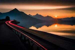 une longue exposition photographier de une route et une Lac à le coucher du soleil. généré par ai photo