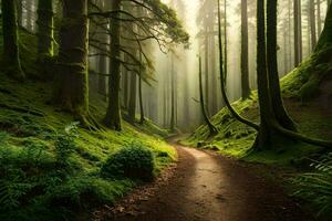 une chemin par une vert forêt avec des arbres et rayons de soleil. généré par ai photo