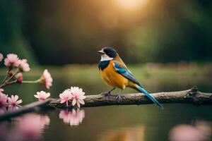 une oiseau séance sur une branche avec fleurs dans le Contexte. généré par ai photo