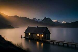 une petit en bois maison est assis sur une Dock dans de face de une Montagne. généré par ai photo