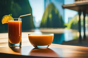 deux des lunettes de Orange jus et une boisson sur une tableau. généré par ai photo