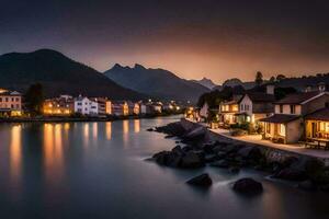 une rivière et Maisons dans le montagnes à nuit. généré par ai photo