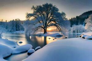 une arbre dans le neige avec une rivière. généré par ai photo