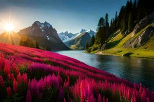 le Soleil brille sur le rose fleurs dans le montagnes. généré par ai photo