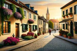 un vieux européen rue avec fleurs et gens en marchant vers le bas il. généré par ai photo