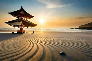 une pagode sur le plage à le coucher du soleil. généré par ai photo