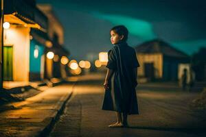 une Jeune garçon des stands seul dans le milieu de une rue à nuit. généré par ai photo