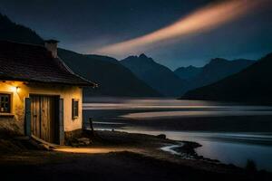 une petit maison est assis sur le rive de une Lac à nuit. généré par ai photo