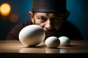 une homme dans une chapeau est équilibrage Trois des œufs. généré par ai photo