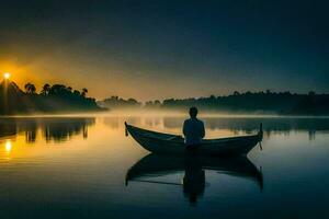 une homme dans une bateau sur une Lac à lever du soleil. généré par ai photo