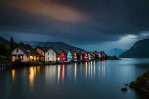 coloré Maisons sur le l'eau dans le sombre. généré par ai photo